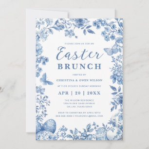 Elegant Blue Toile Whimsical Floral Easter Brunch Invitation