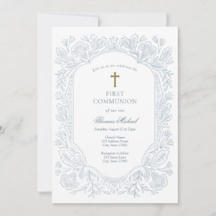Elegant Blue Traditional First Communion Invitation