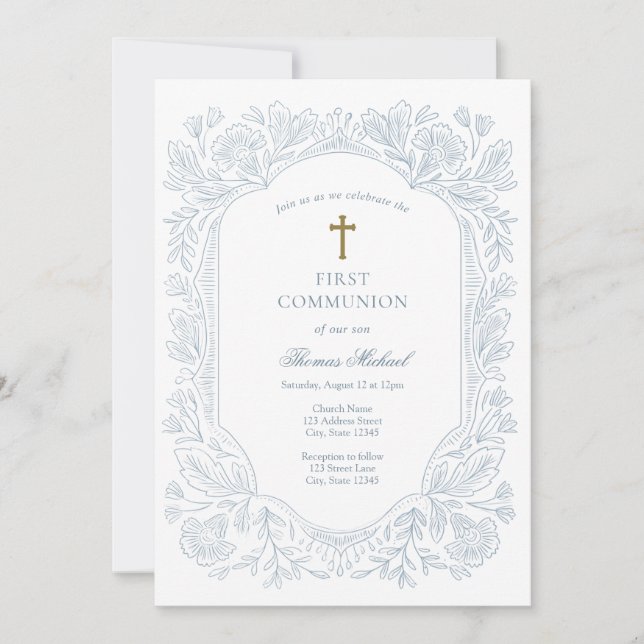 Elegant Blue Traditional First Communion  Invitation (Front)