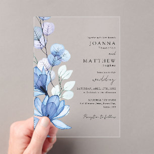 Elegant Blue Transparent Floral Wedding Acrylic Invitations