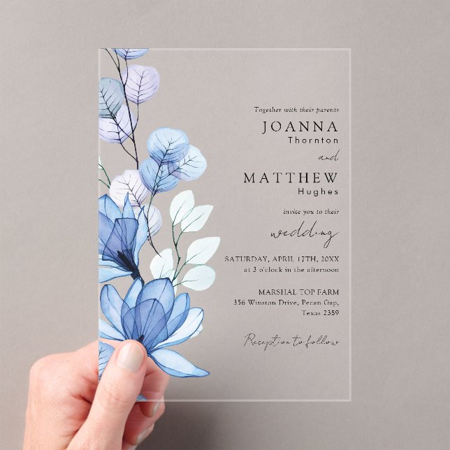 Elegant Blue Transparent Floral Wedding Acrylic Invitations (Insitu (Handheld))