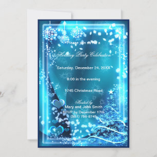 Elegant Blue Tree Hearts Christmas Party Invite
