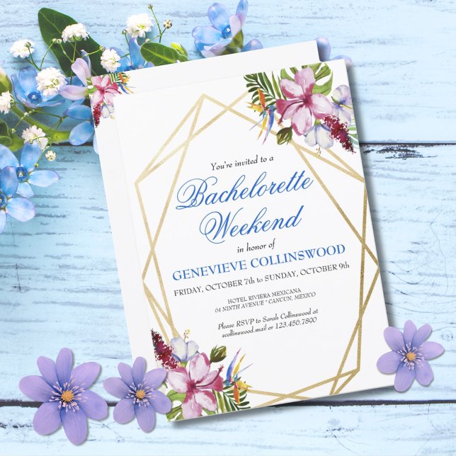 Elegant Blue Tropical Bachelorette Weekend Invitation (Elegant Blue Pink Tropical Floral Bachelorette Weekend Party Invitation)