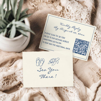 Elegant Blue Tropical Leaf QR Code Wedding  RSVP Card