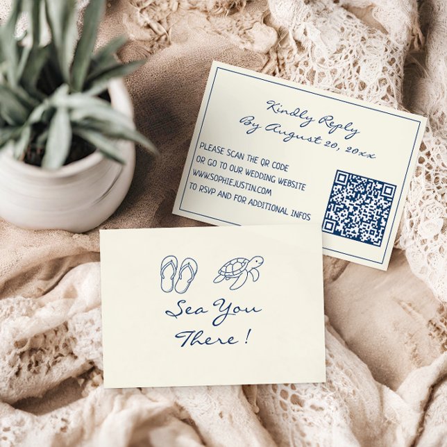 Elegant Blue Tropical Leaf QR Code Wedding  RSVP Card (Creator Uploaded)