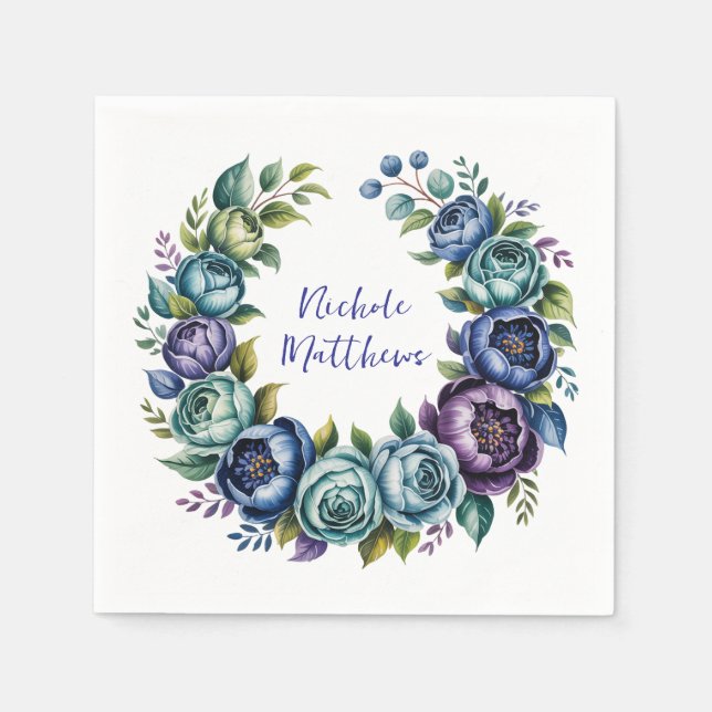 Elegant Blue Turquoise Floral Bridal Shower Napkin (Front)