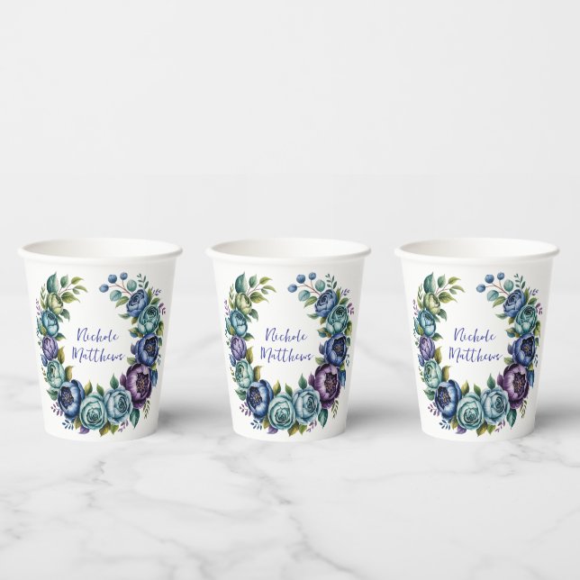 Elegant Blue Turquoise Floral Bridal Shower Paper Cups (Multi)