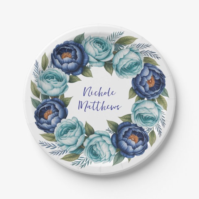 Elegant Blue Turquoise Floral Bridal Shower Paper Plate (Front)