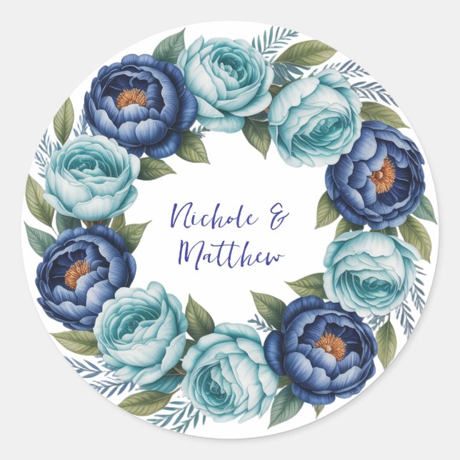 Elegant Blue Turquoise Floral Wedding Classic Round Sticker (Front)