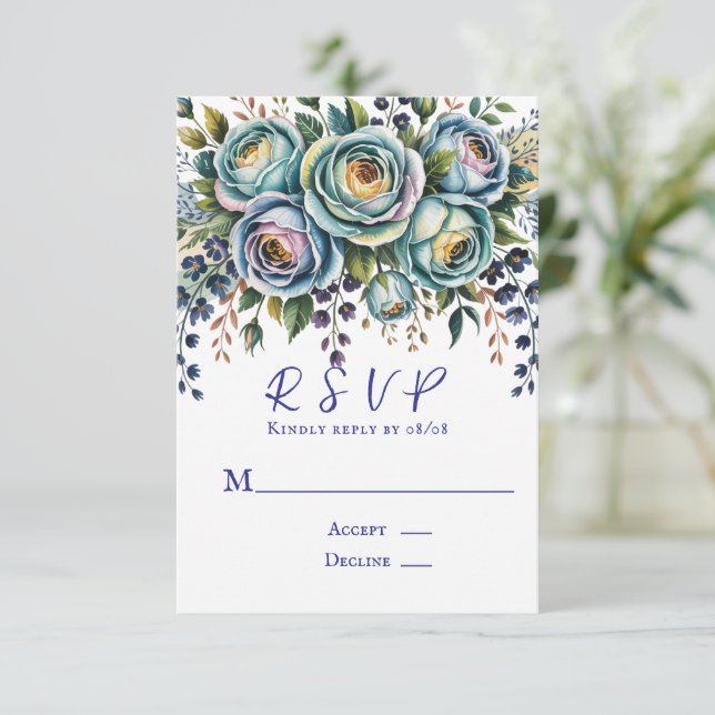 Elegant Blue Turquoise Floral Wedding RSVP Card (Standing Front)
