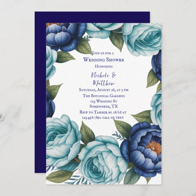 Elegant Blue Turquoise Floral Wedding Shower Invitation (Front/Back)