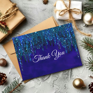 Elegant blue turquoise glitter drips thank you card