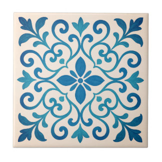 Elegant Blue & Turquoise Mediterranean Floral V2 Ceramic Tile