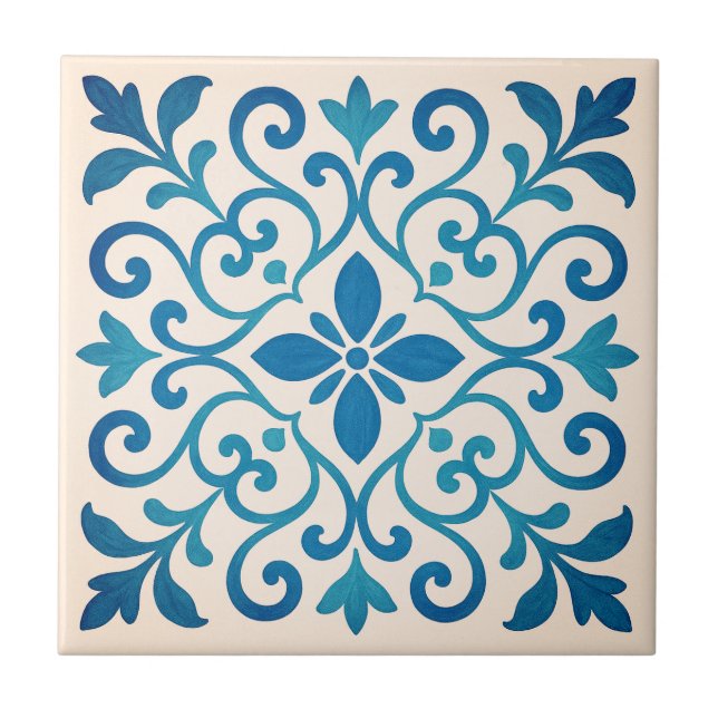 Elegant Blue & Turquoise Mediterranean Floral V2 Ceramic Tile (Front)