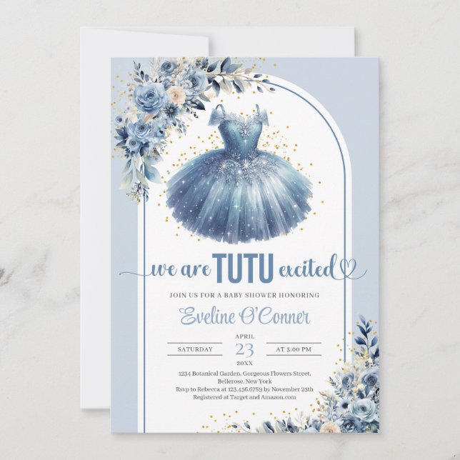 Elegant blue tutu dress navy floral Baby Shower Invitation (Front)