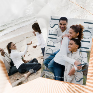 Elegant Blue Two Photo Happiest Holidays Holiday Card