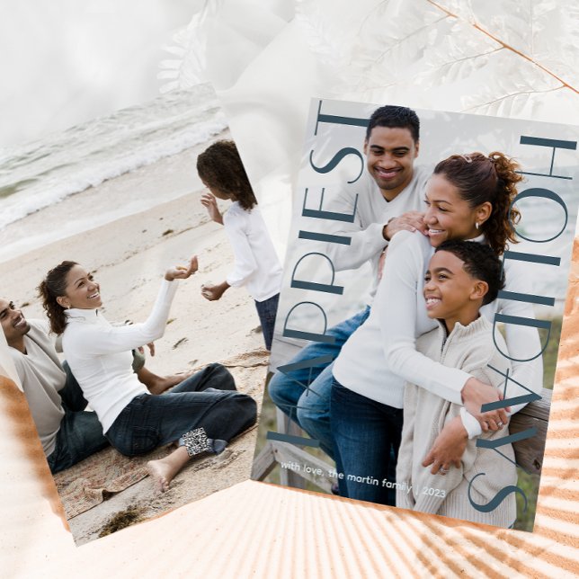 Elegant Blue Two Photo Happiest Holidays Holiday Card (Creator Uploaded)