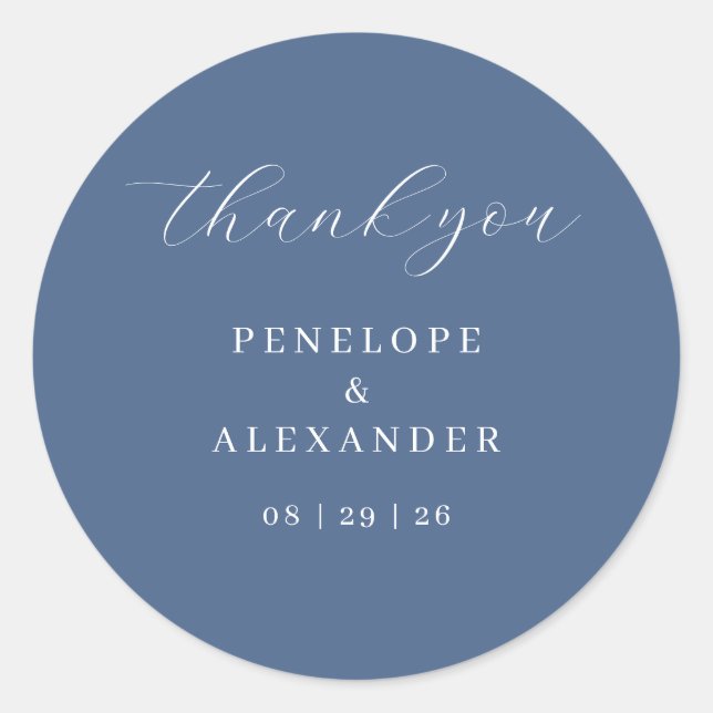 Elegant Blue Typographic Thank You Classic Round Sticker (Front)