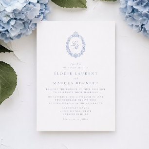 Elegant Blue Victorian Crest Monogram Wedding Invi Invitation