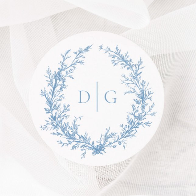 Elegant Blue Victorian Crest Wedding Classic Round Sticker (Creator Uploaded)
