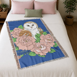 Elegant Blue Vintage Barn Owl Pink Flowers Throw Blanket
