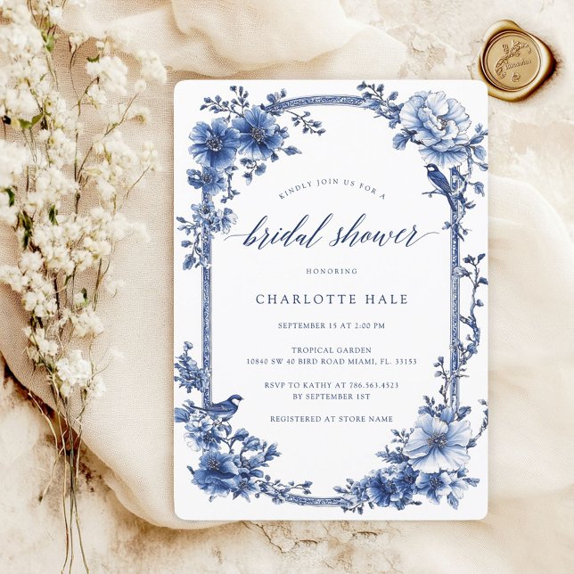 Elegant Blue Vintage Bridal Shower Invitation (Creator Uploaded)