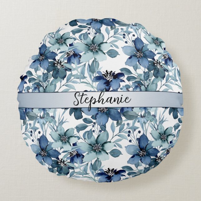 Elegant Blue Vintage Chintz Pattern Monogram Round Cushion (Front)