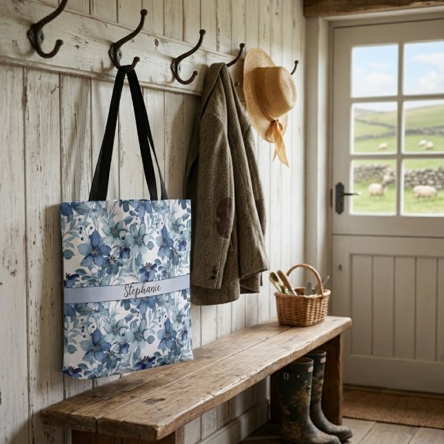 Elegant Blue Vintage Chintz Pattern Monogram Tote Bag (Creator Uploaded)