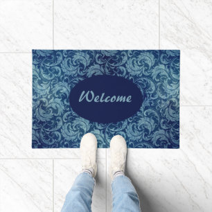 Elegant Blue Vintage Damask Pattern Doormat