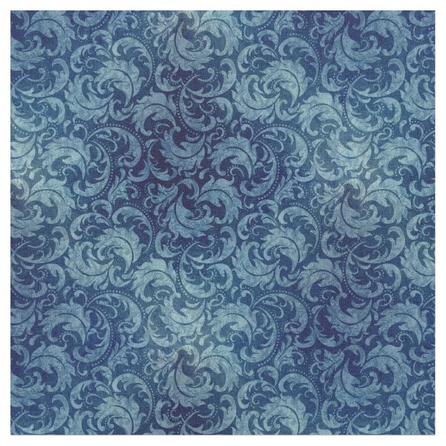 Elegant Blue Vintage Damask Pattern Fabric (Close Up)