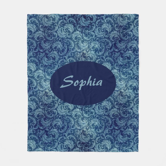 Elegant Blue Vintage Damask Pattern Fleece Blanket (Front)