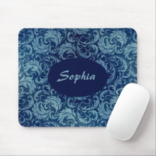 Elegant Blue Vintage Damask Pattern Mouse Pad
