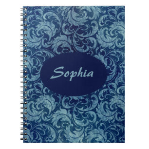 Elegant Blue Vintage Damask Pattern Notebook