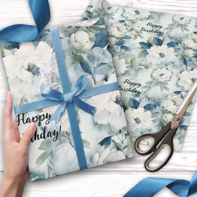 Elegant Blue Vintage Floral Birthday Wrapping Paper (Birthday wrapping paper featuring an elegant vintage pattern in blue and white with flowers)