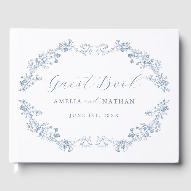 Elegant Blue Vintage Floral Wedding  Guest Book (Front)