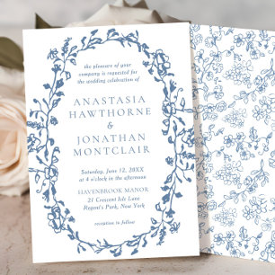 Elegant Blue Vintage Floral Wedding Invitation