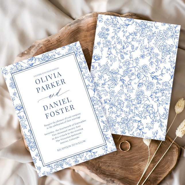 Elegant Blue Vintage French Floral Toile Invitation (Creator Uploaded)