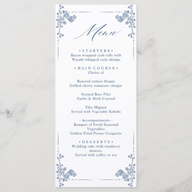 Elegant Blue Vintage Garden Flowers Wedding Dinner Menu (Front)