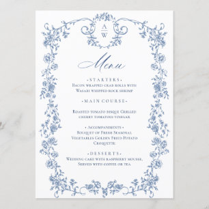 Elegant Blue Vintage Garden Flowers Wedding Dinner Menu