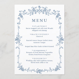 Elegant Blue Vintage Garden Flowers Wedding Dinner Menu