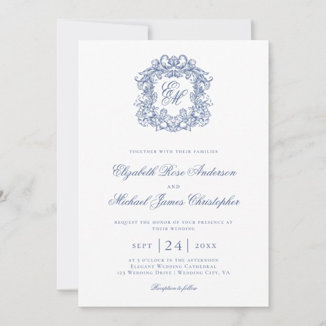 Elegant Blue Vintage Monogram Crest Wedding Invitation (Front)
