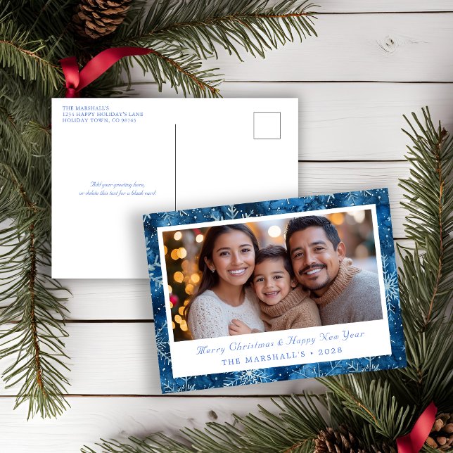 Elegant Blue Vintage Snowflakes Holiday Photo Postcard (Elegant Blue and White Snowflake Christmas Post Card)