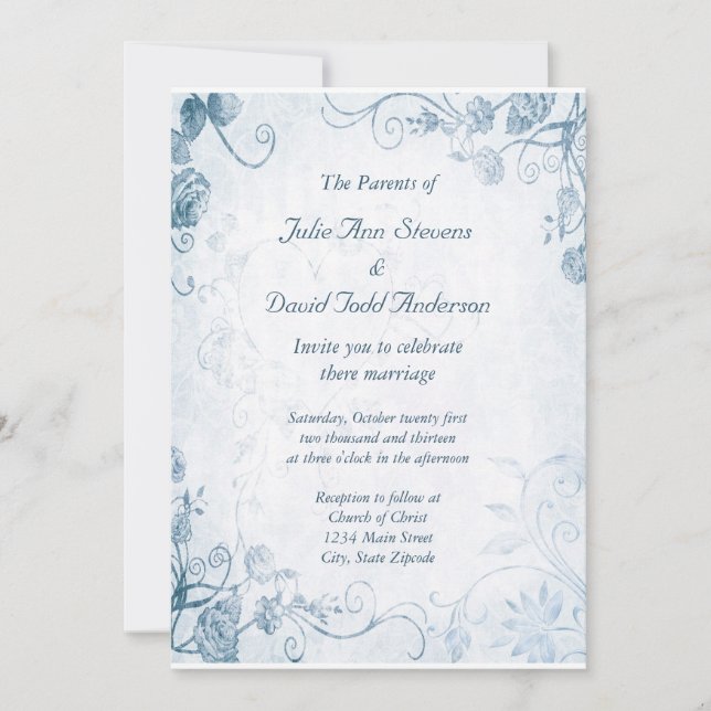 Elegant Blue Vintage Wedding Invitation (Front)