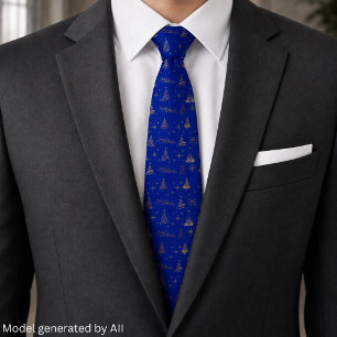 Elegant Blue W/ Gold Christmas Tree Doodles Tie