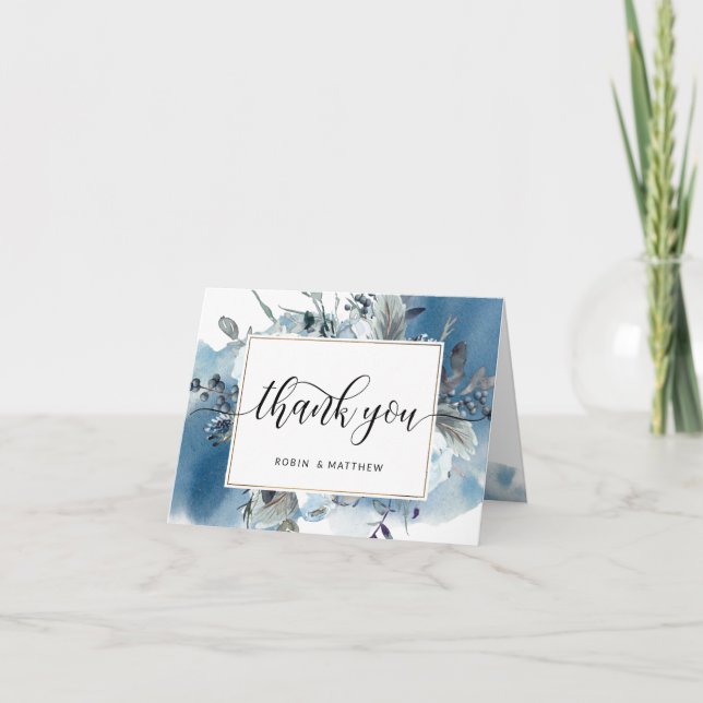 Elegant Blue Watercolor and Floral Thank You Card (Front)
