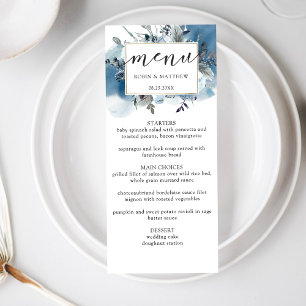 Elegant Blue Watercolor and Floral, Wedding Menu