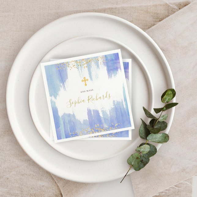 Elegant Blue Watercolor and Gold | Baptism Napkin (Creator Uploaded)