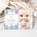 Elegant Blue Watercolor and Gold | Photo Baptism Thank You Card<br><div class="desc">These gorgeous and elegant Baptism or Christening thank you cards feature trendy watercolor painterly strokes in light and dark shades of blue,  with faux gold glitter look confetti and a gold cross. Perfect for a boy or a girl. Add your baby's photo to personalise.</div>