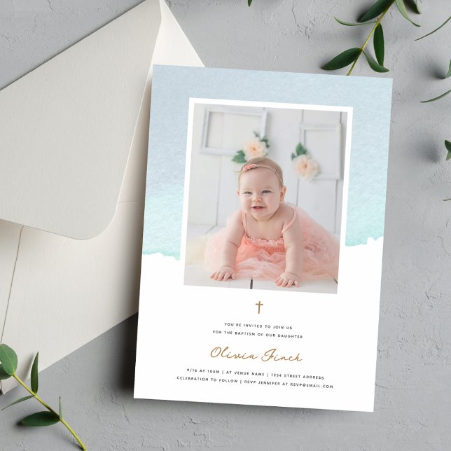 Elegant Blue Watercolor and Photo Baptism Invitation (Creator Uploaded)