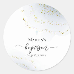 elegant blue watercolor baby boy Baptism Classic Round Sticker